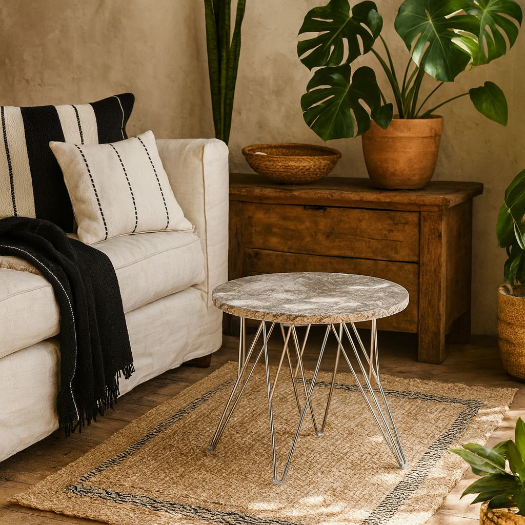 Alba Round Side Table Grey Brown Marble Top Metal Legs