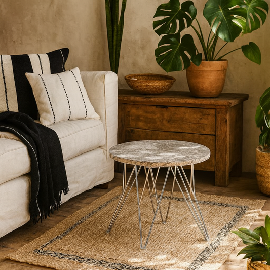 Alba Round Side Table Grey Brown Marble Top Metal Legs