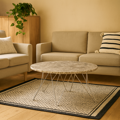 Alba Round Coffee Table Grey Brown Marble Top Metal Legs