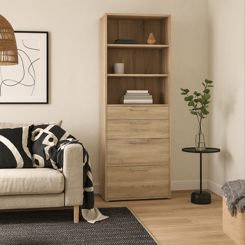 Dris Natural Oak Wood Effect Bookcase 2 Shelves 4 Drawers