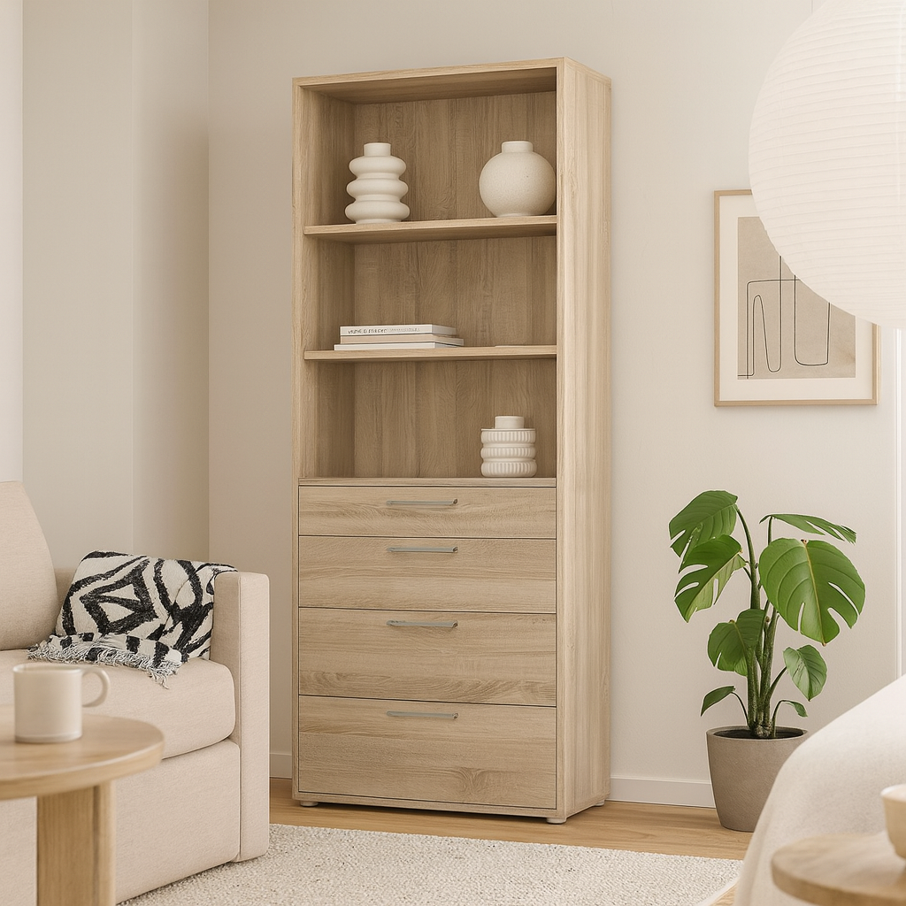 Dris Natural Oak Wood Effect Bookcase 2 Shelves 4 Drawers