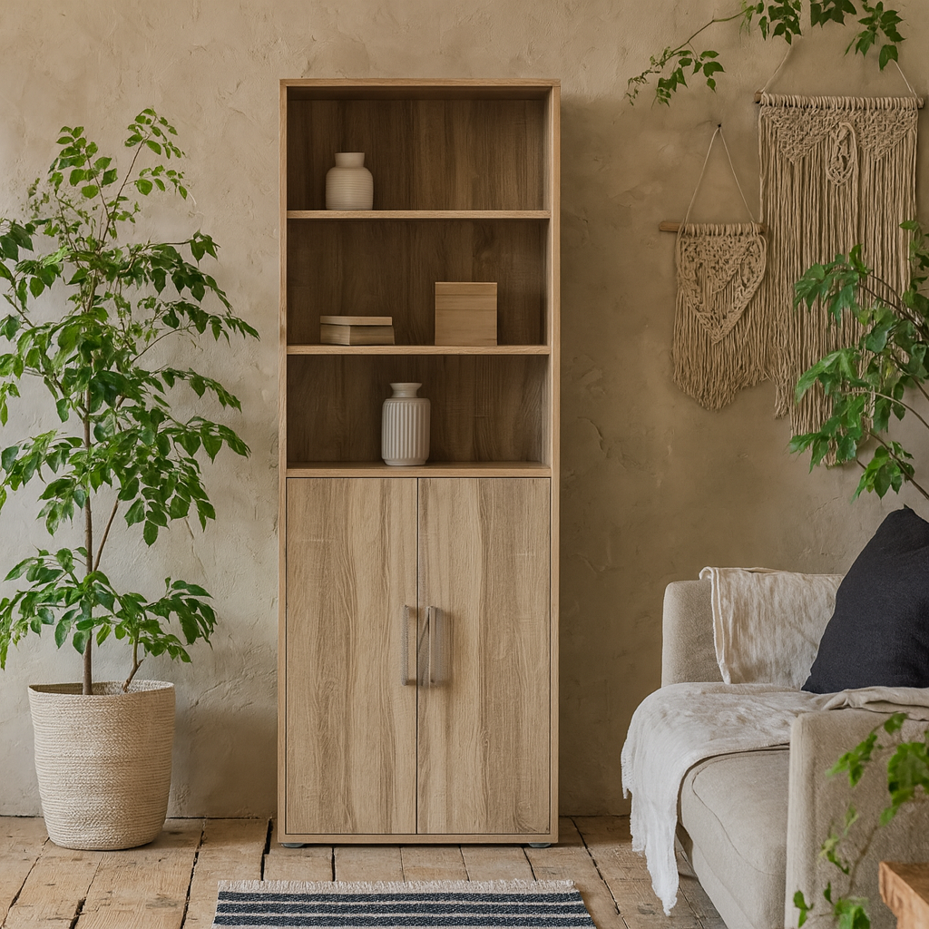 Dris Natural Oak Wood Effect Bookcase 4 Shelves 2 Doors