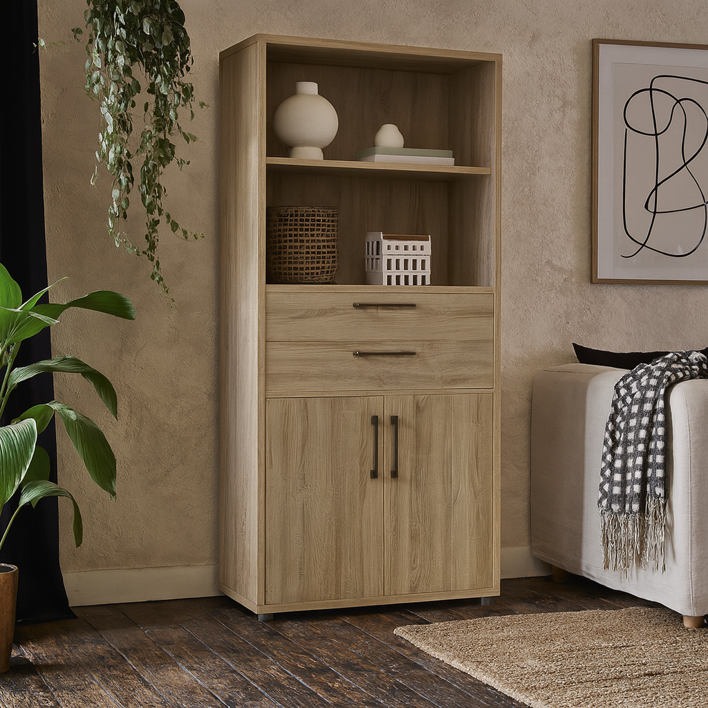 Dris Natural Oak Wood Effect Bookcase 2 Shelves 2 Drawers 2 Doors