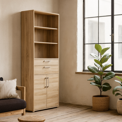 Dris Natural Oak Wood Effect Bookcase 3 Shelves 4 Drawers