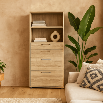 Dris Natural Oak Wood Effect Bookcase 1 Shelf 4 Drawers