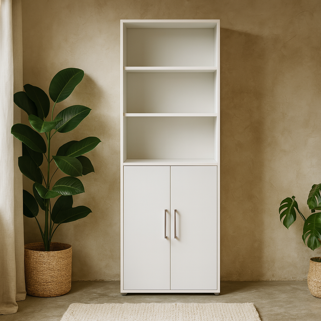 Dris White Bookcase 4 Shelves 2 Doors