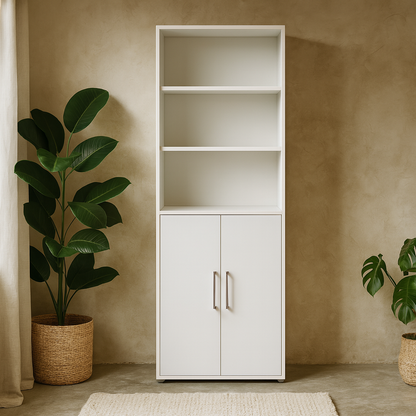 Dris White Bookcase 4 Shelves 2 Doors