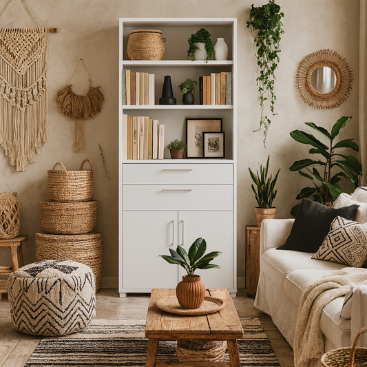 Dris White Wooden Bookcase 3 Shelves 2 Drawers 2 Doors