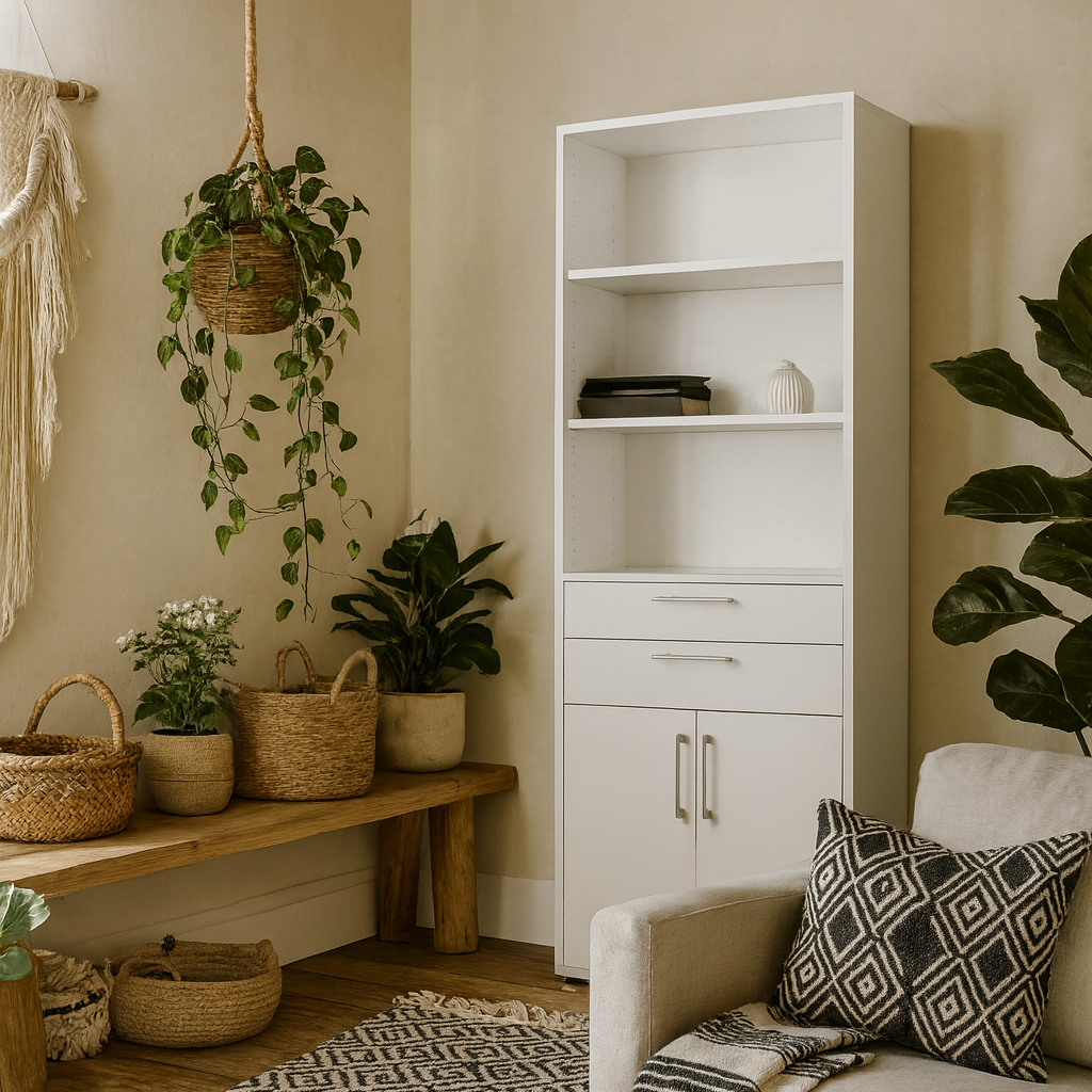 Dris White Wooden Bookcase 3 Shelves 2 Drawers 2 Doors