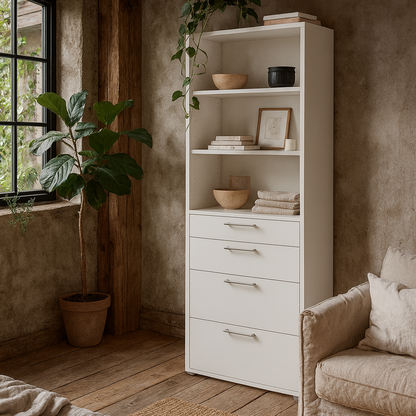 Dris White Wooden Bookcase 2 Shelves 4 Drawers