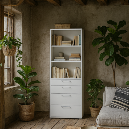 Dris White Wooden Bookcase 2 Shelves 4 Drawers