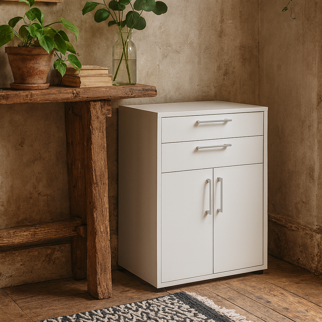 Dris White Wooden Bookcase 1 Shelf 2 Drawers 2 Doors