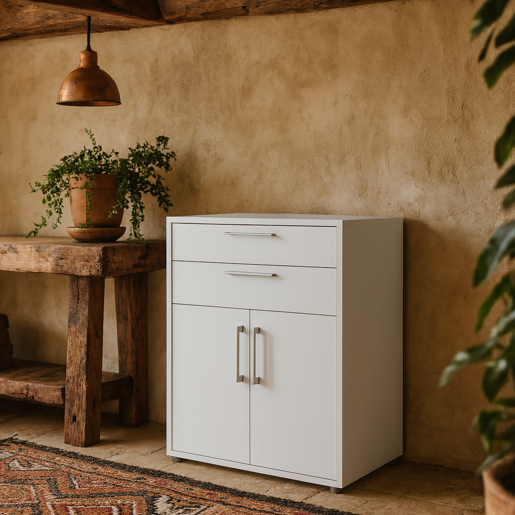 Dris White Wooden Bookcase 1 Shelf 2 Drawers 2 Doors