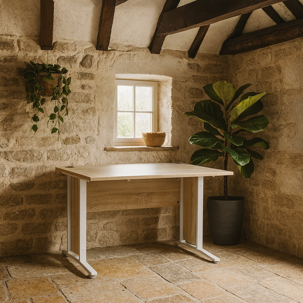 Dris 120cm Natural Oak Wood Effect Desk White Legs