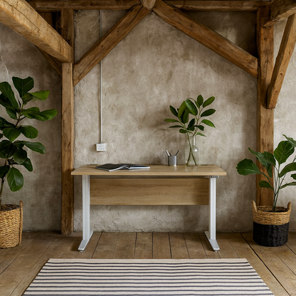 Dris 150cm Natural Oak Wood Effect Desk White Metal Legs