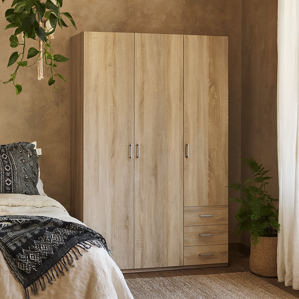 Berlin Natural Oak Wardrobe 3 Doors 3 Drawers 2 Shelves