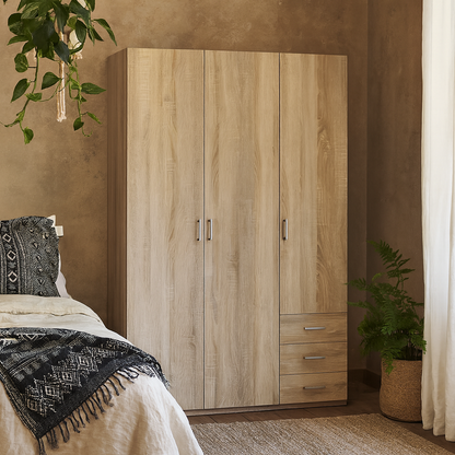 Berlin Natural Oak Wardrobe 3 Doors 3 Drawers 2 Shelves