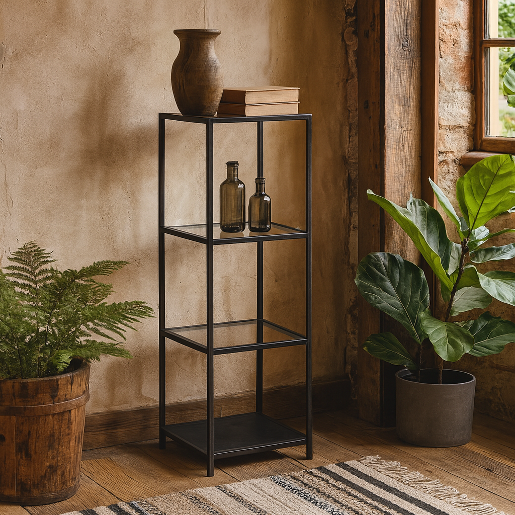 El Paso Narrow Black Metal and Glass Bookcase 3 Shelves