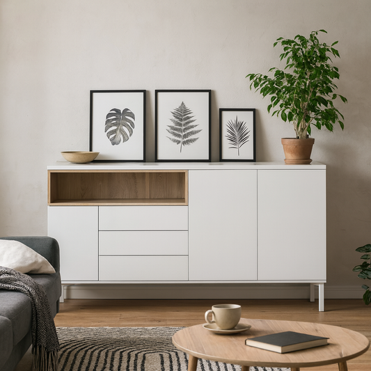 Indigo Sideboard 3 Drawers 3 Doors White and Natural Oak Effect