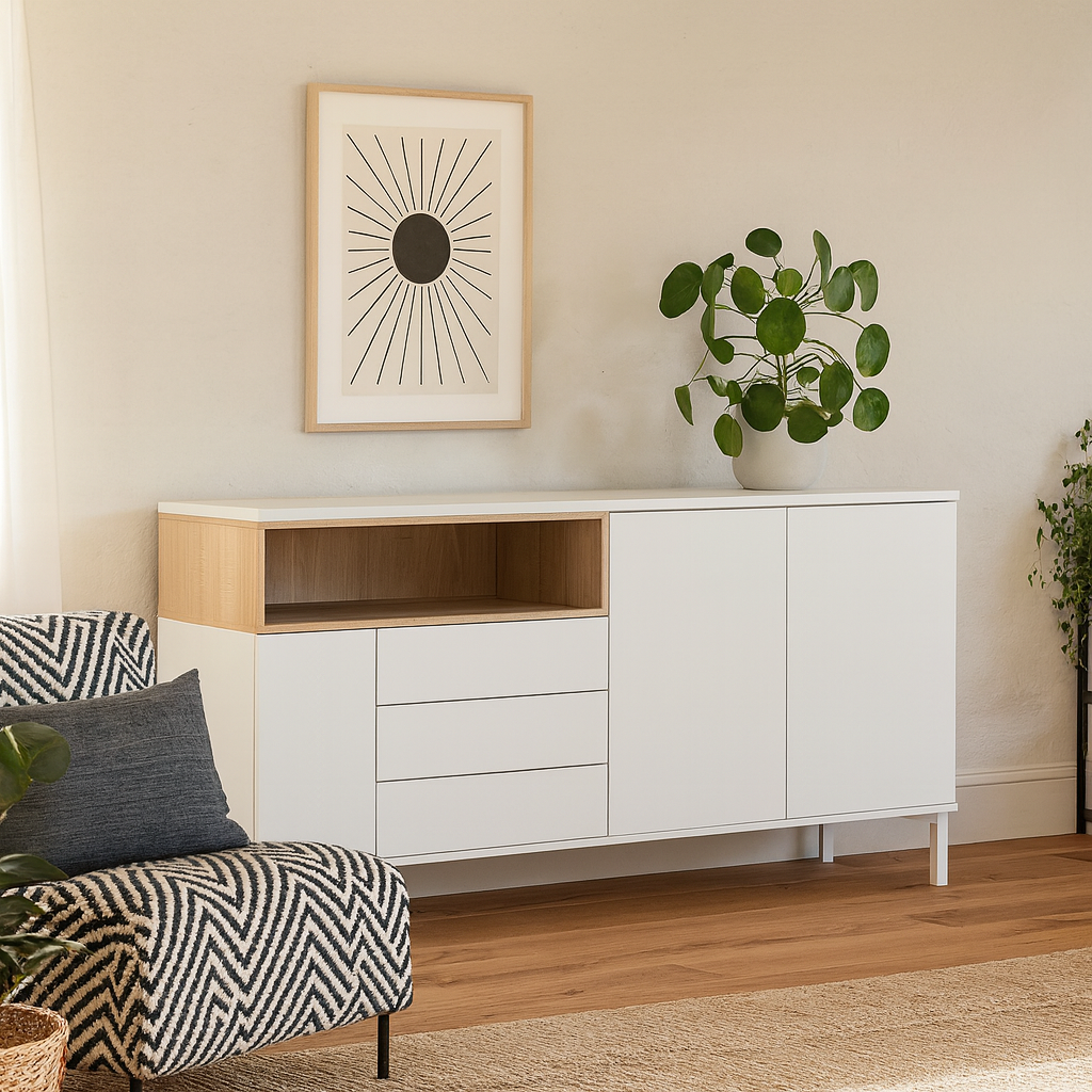 Indigo Sideboard 3 Drawers 3 Doors White and Natural Oak Effect