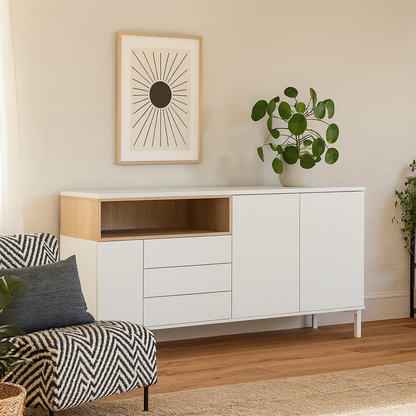 Indigo Sideboard 3 Drawers 3 Doors White and Natural Oak Effect