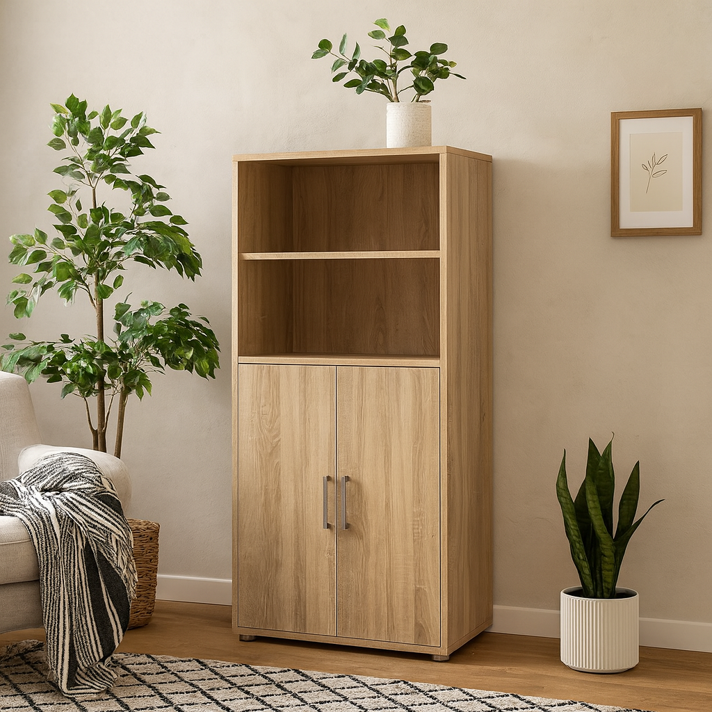 Dris Natural Oak Wood Effect Bookcase 3 Shelves 2 Doors