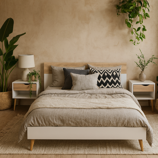 Sapporo 3 Piece White and Natural Oak Effect Bedroom Set - 2 Bedsides Tables + Double Bed