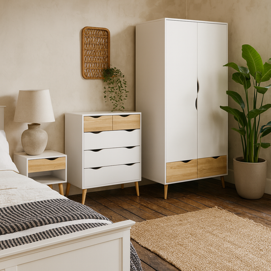 Sapporo 4 Piece Bedroom Set - Wardrobe + 2 Bedsides Table + Chest of Drawers White and Natural Oak Effect