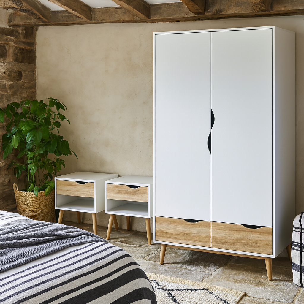 Sapporo 3 Piece Bedroom Furniture Set White and Natural Oak Effect Wood