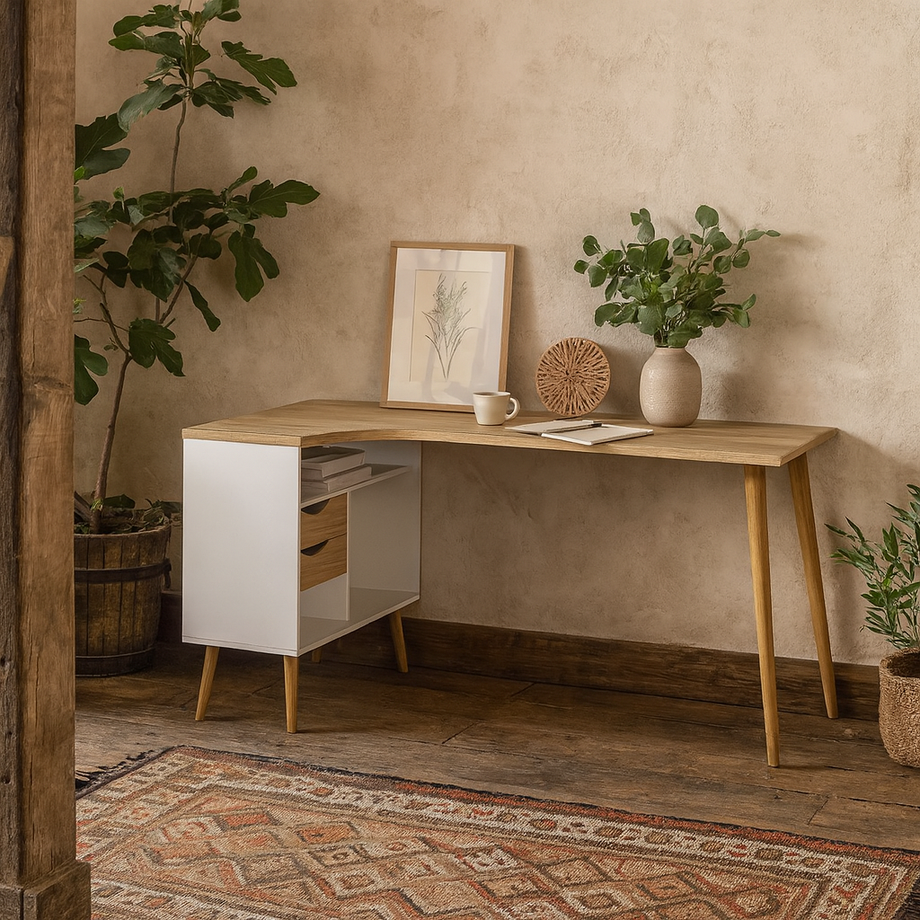 Sapporo White and Natural Oak Desk 2 Drawer and Shelves