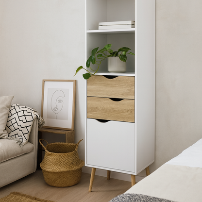 Sapporo White and Natural Oak Bookcase 2 Drawers 1 Door