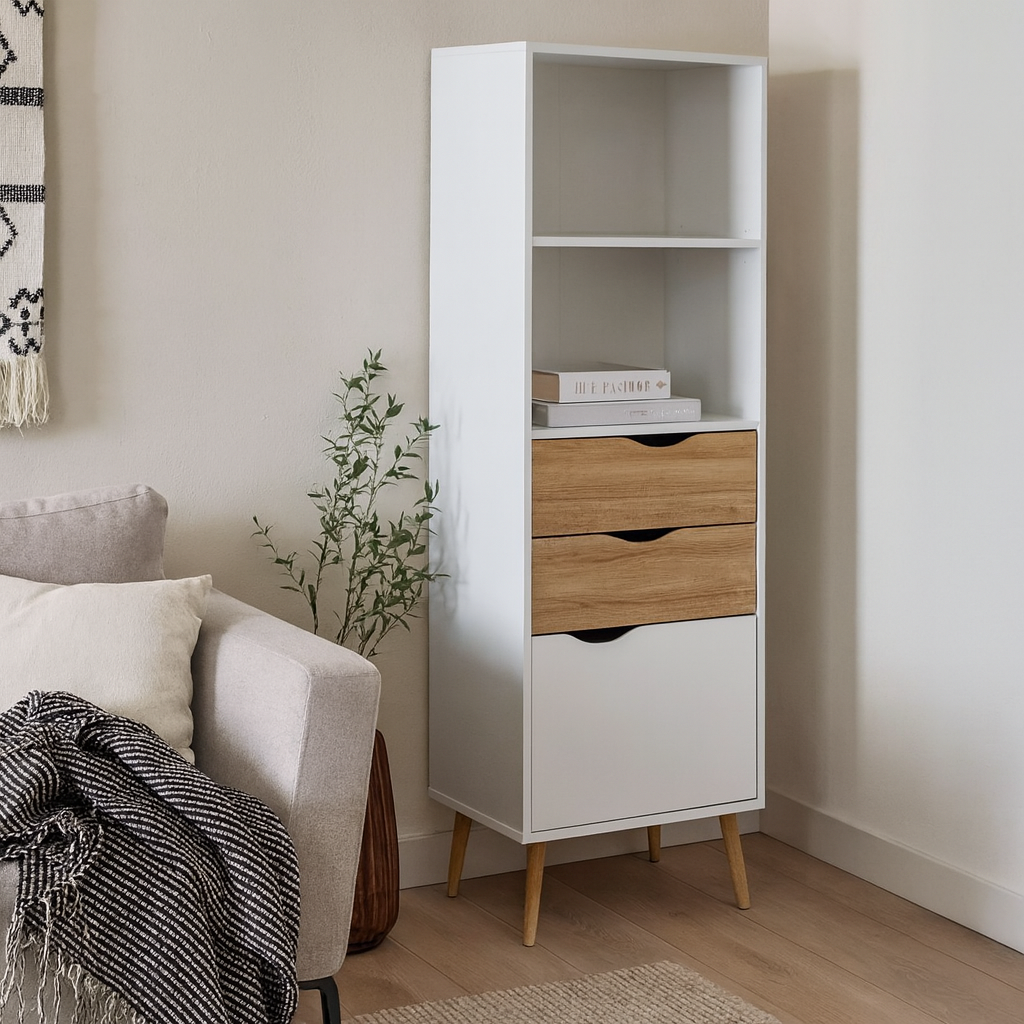 Sapporo White and Natural Oak Bookcase 2 Drawers 1 Door