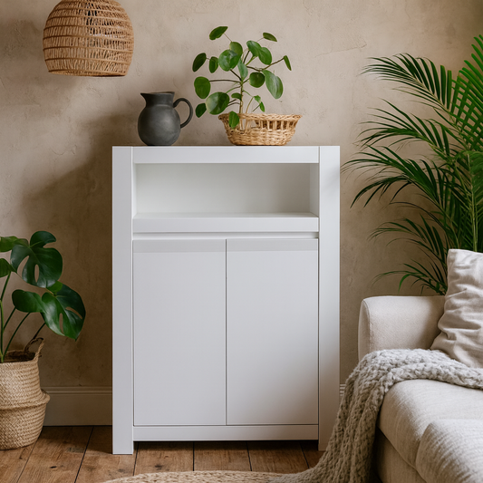 Vienna White Wooden Storage Cabinet 2 Door Open Shelf