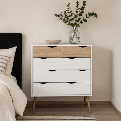 Sapporo White and Natural Oak Effect Chest 5 Drawers