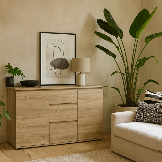 Copenhagen Natural Oak Effect Wood Sideboard 3 Drawers 2 Doors