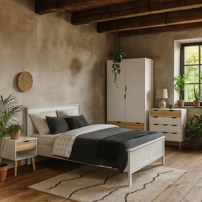 Sapporo 3 Piece Bedroom Furniture Set White and Natural Oak Wood Effect