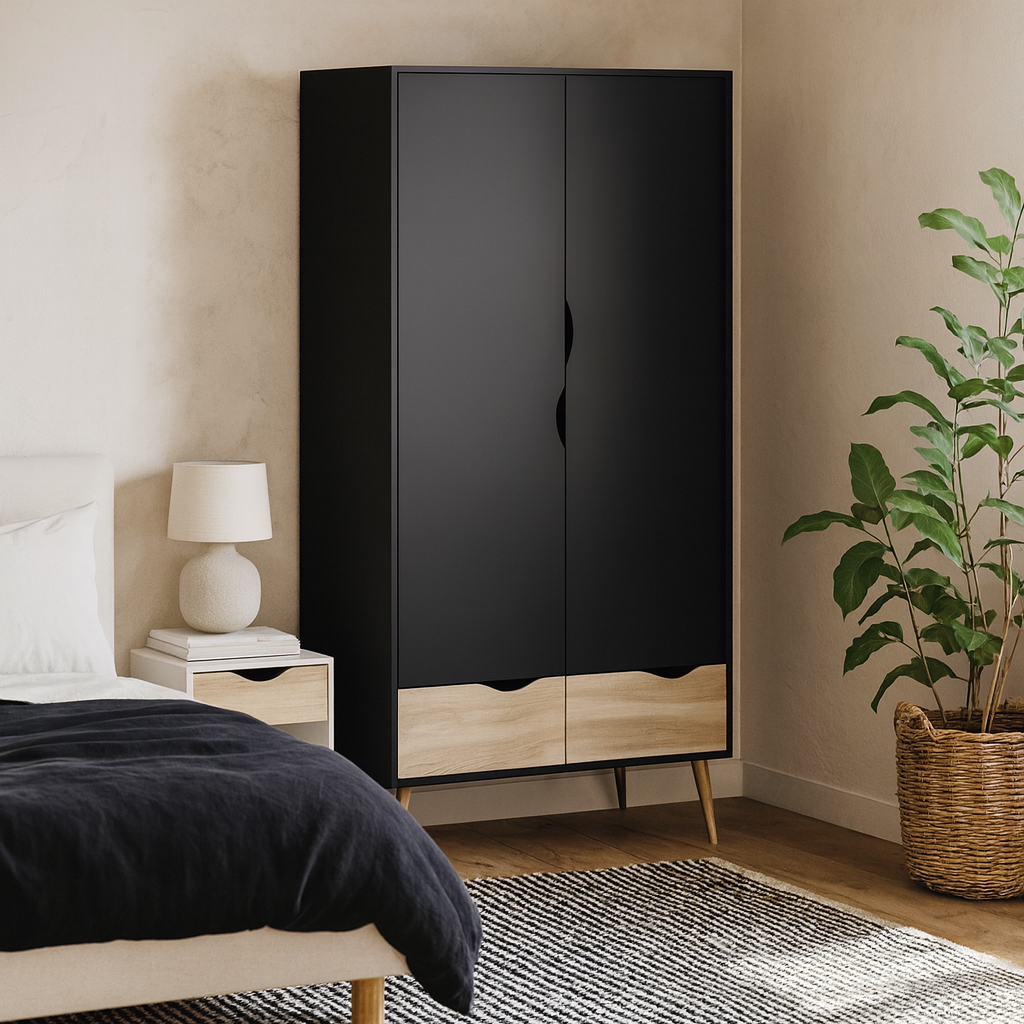 Sapporo Black and Natural Oak Wardrobe 2 Doors 2 Drawers
