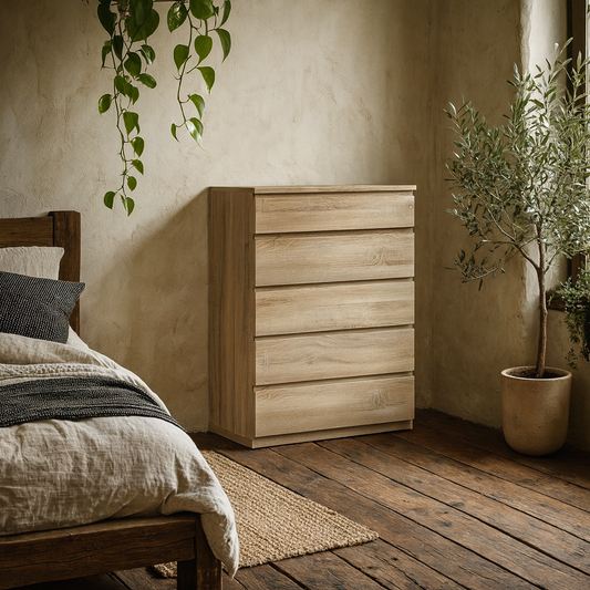 Copenhagen Natural Oak Effect Wood Storage Chest 5 Drawers