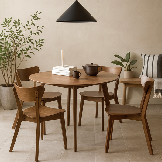 Krakow 105cm Dining Set Walnut Wood Effect Round Dining Table + 4 Chairs
