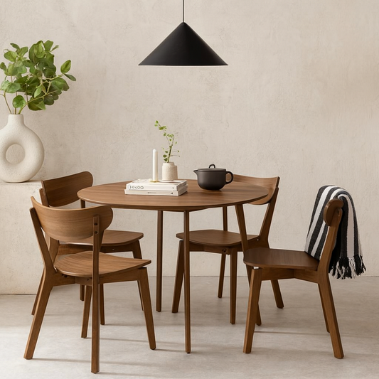 Krakow Kitchen Dining Set Walnut Wood Effect Round Dining Table + 4 Dining Chairs