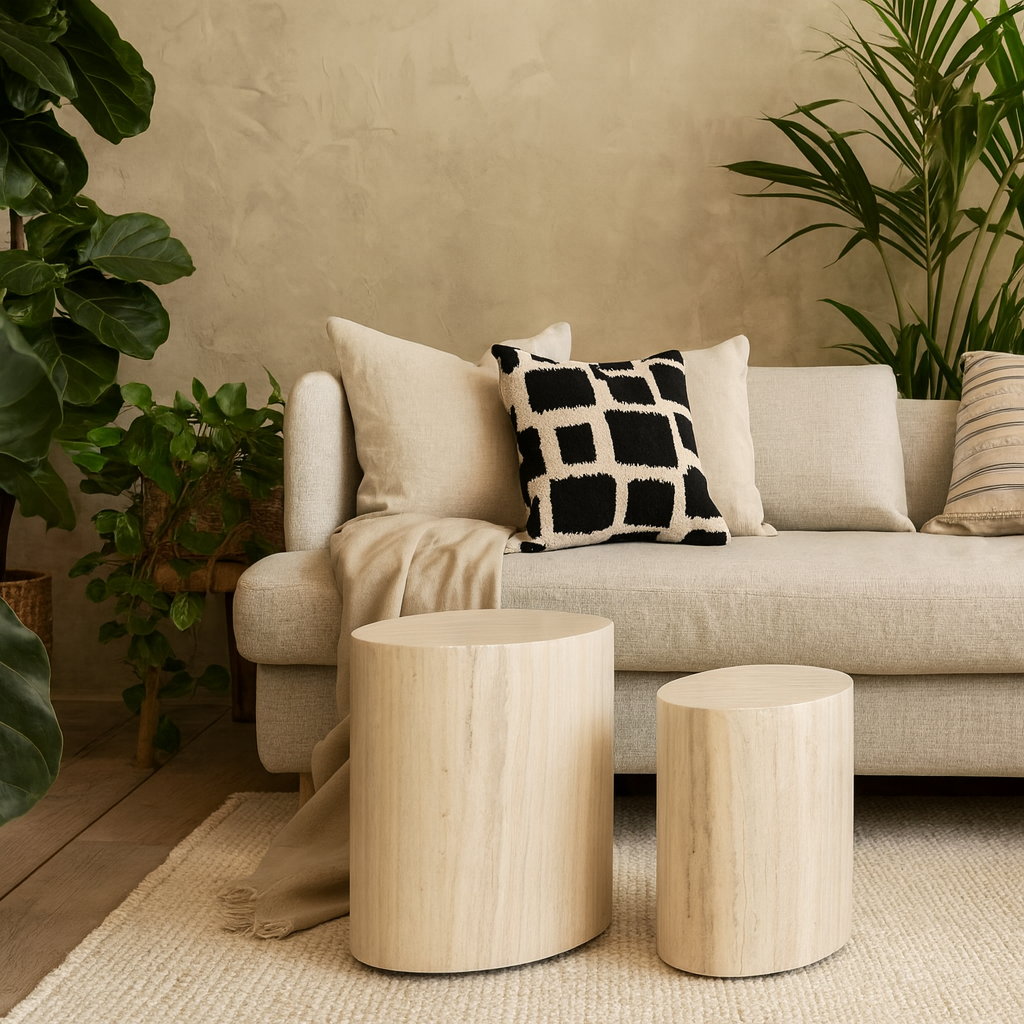 Sendai Light Oak Colour Tavertine Effect Oval Coffee Table Set