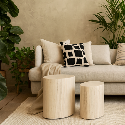 Sendai Light Oak Colour Tavertine Effect Oval Coffee Table Set