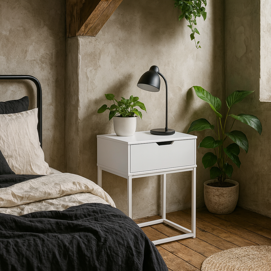 Tokyo White Bedside Table 1 Drawer Industrial Metal Legs