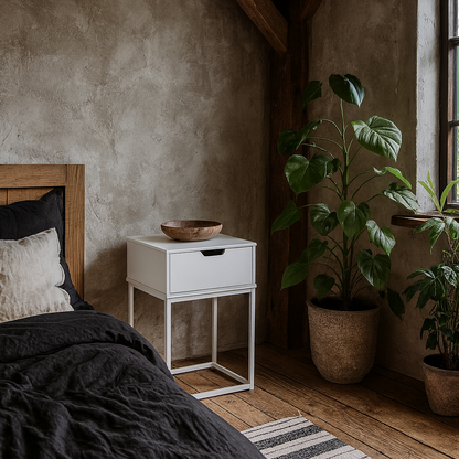 Tokyo White Bedside Table 1 Drawer Industrial Metal Legs