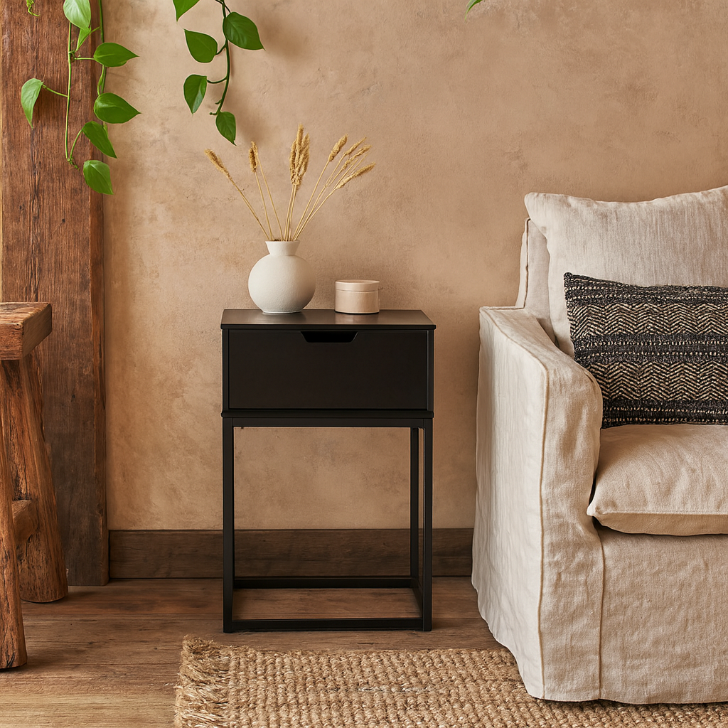 Tokyo Black Bedside Table 1 Drawer Industrial Metal Legs