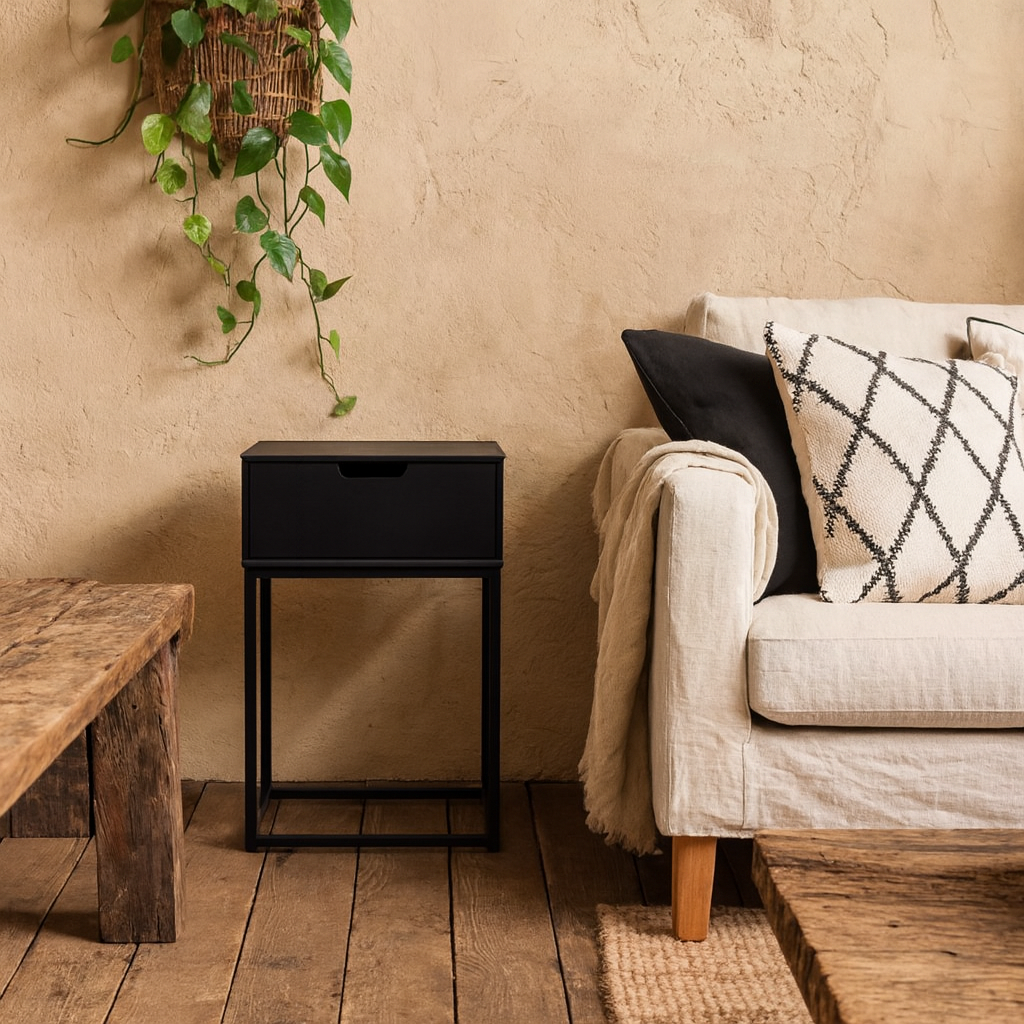 Tokyo Black Bedside Table 1 Drawer Industrial Metal Legs