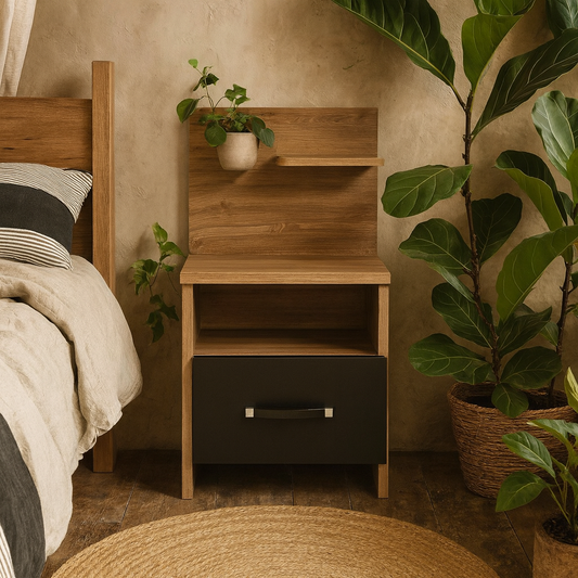 Dunedin Black and Natural Oak Effect Bedside Table 1 Drawer 2 Shelves