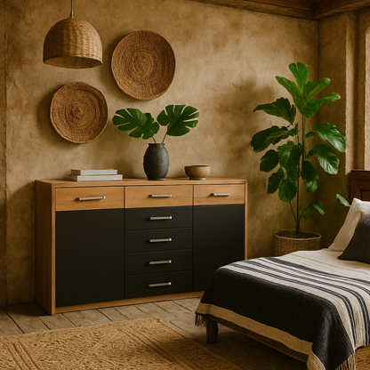 Dunedin Black and Natural Oak Effect Wide Cupboard 2 Door 5 Drawers