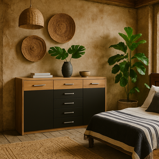 Dunedin Black and Natural Oak Effect Wide Cupboard 2 Door 5 Drawers