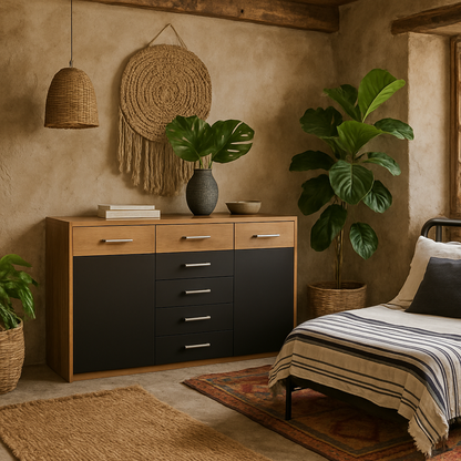 Dunedin Black and Natural Oak Effect Wide Cupboard 2 Door 5 Drawers